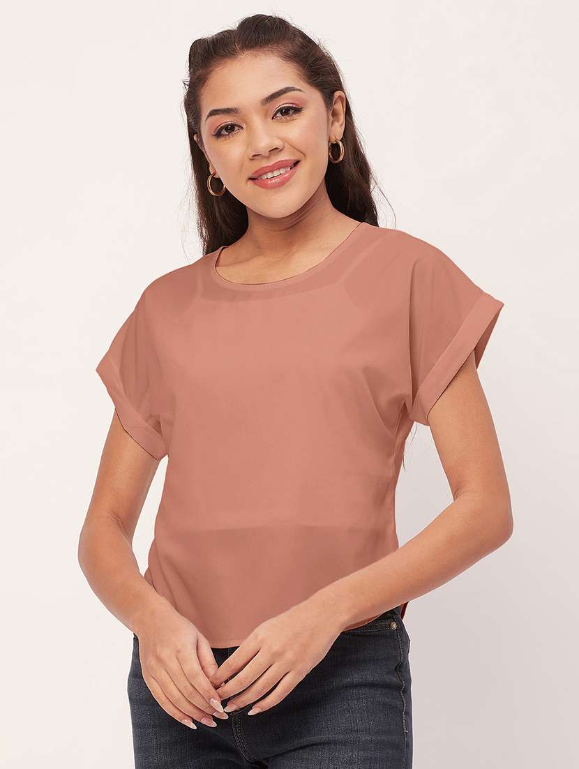 women peach crepe blouson top