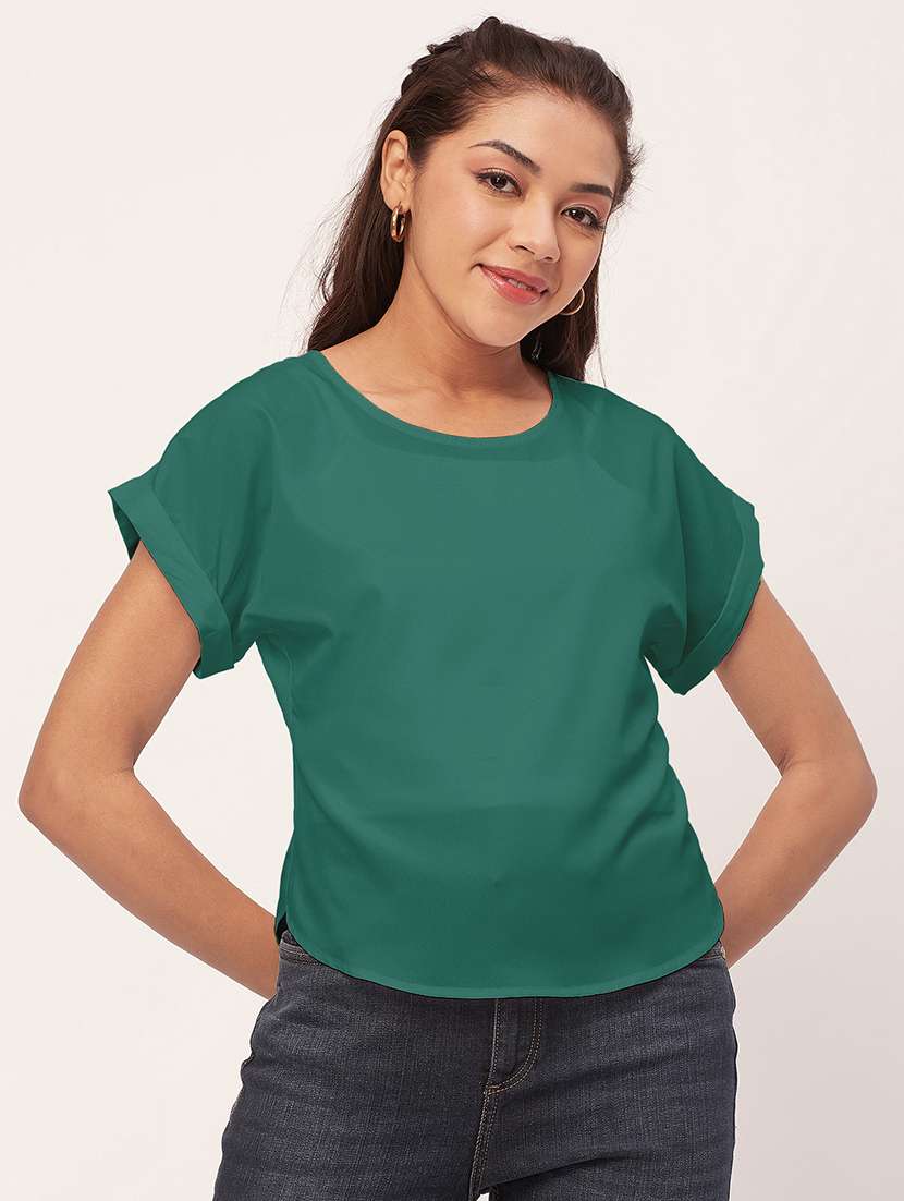 women green crepe blouson top