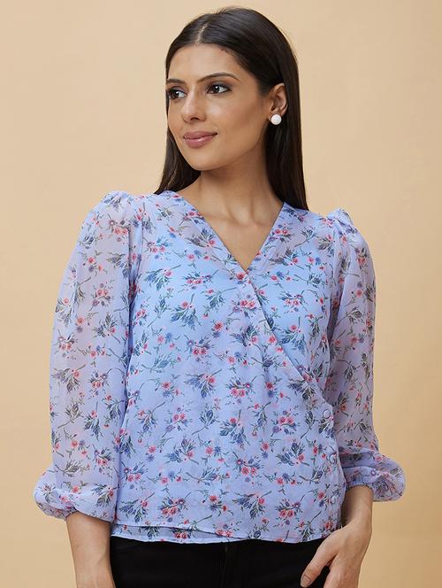blue floral printed wrap top - 20410263 -  Standard Image - 0