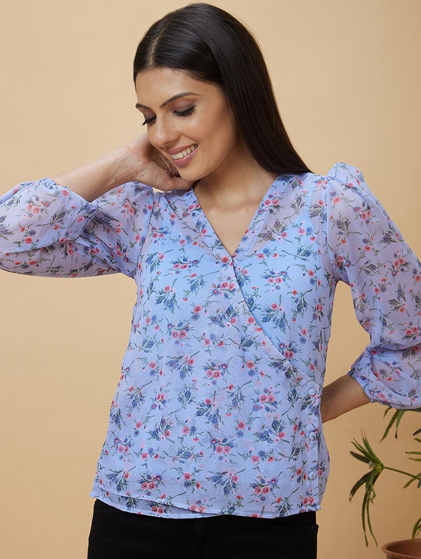 blue floral printed wrap top - 20410263 - Standard Image - 2