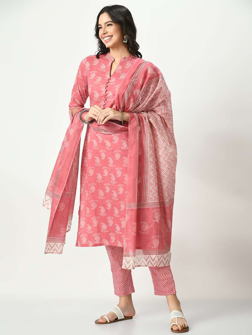 women pink mandarin neck kurta pant set with dupatta - 20410458 -  Standard Image - 2