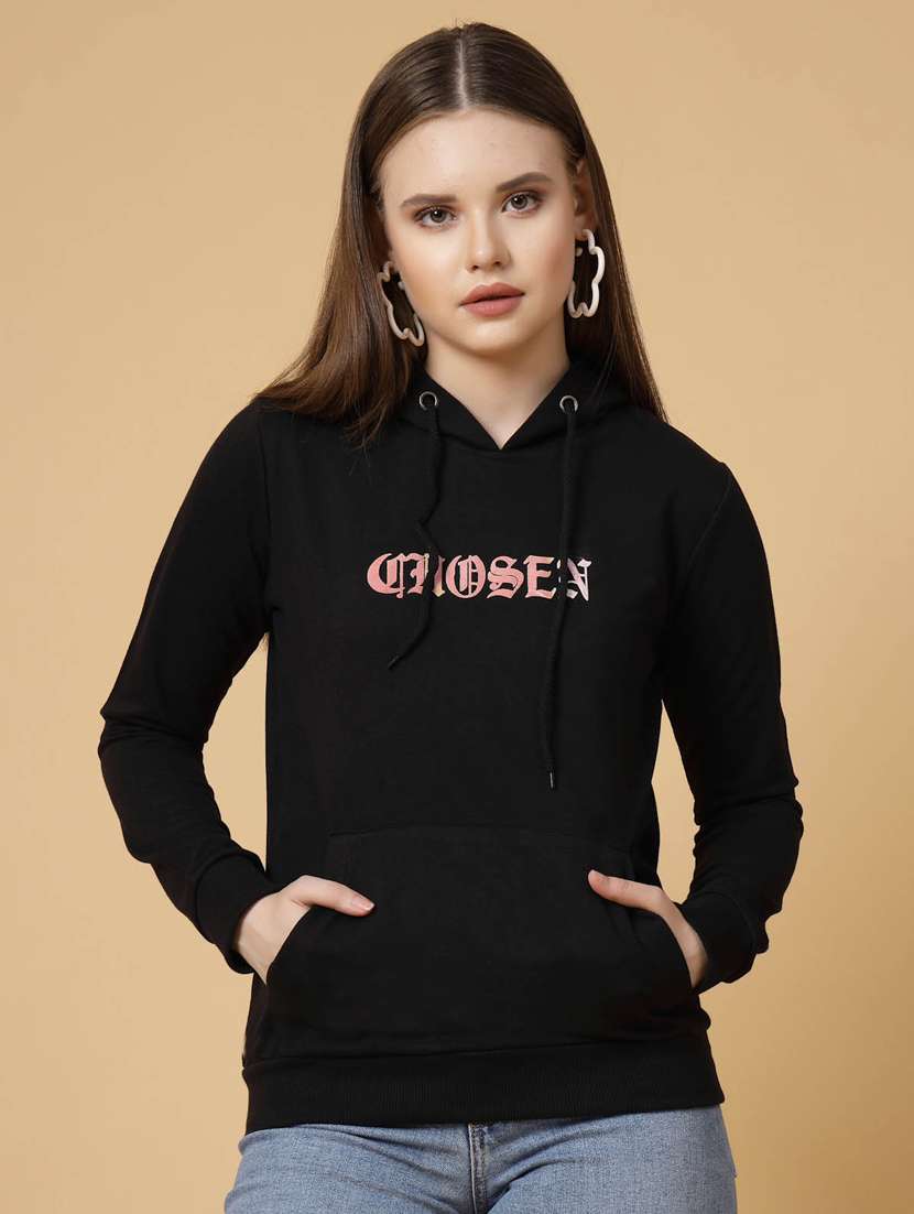 women chest print hooded sweatshirt