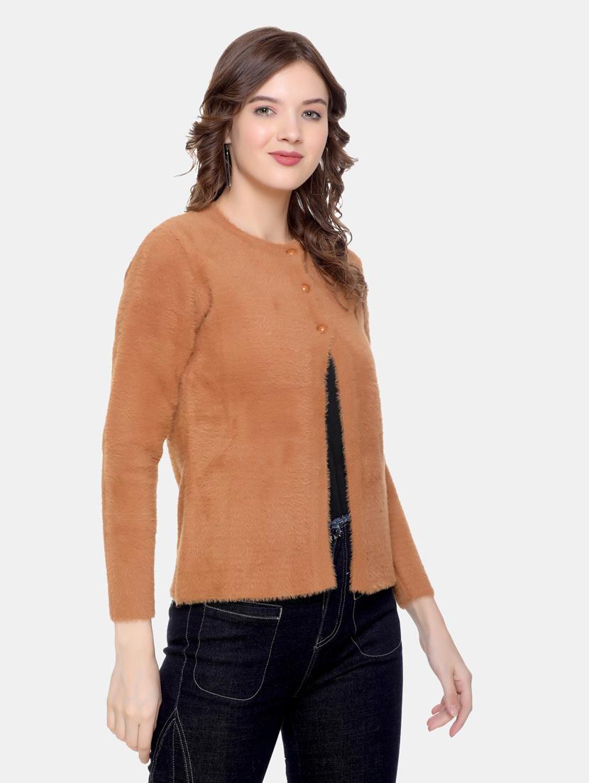 orange self designed long sleeves cardigan - 20412136 - Standard Image - 2
