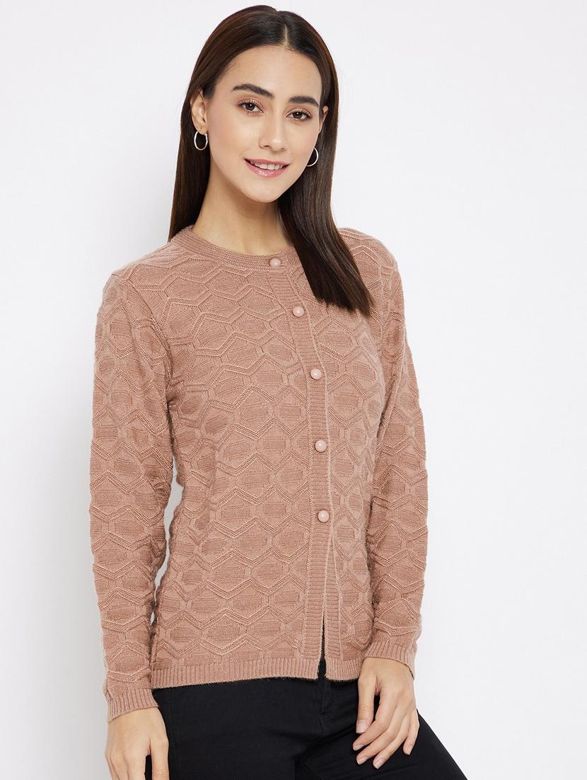 beige self designed long sleeves cardigan - 20412198 - Standard Image - 2