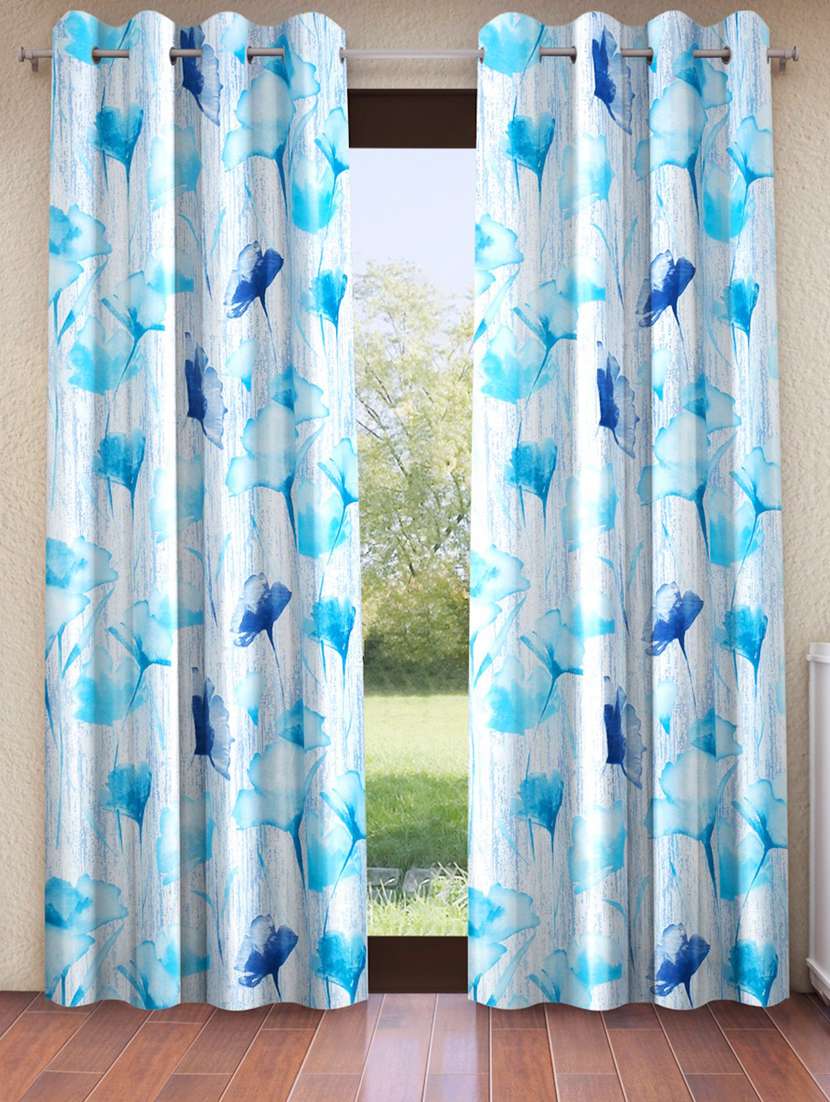 home sizzler 2 pieces floral garden eyelet polyester door curtains - 7 feet, blue