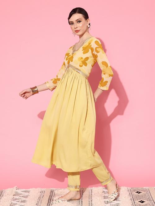 women yellow v neck kurta pant set - 20412734 - Standard Image - 0