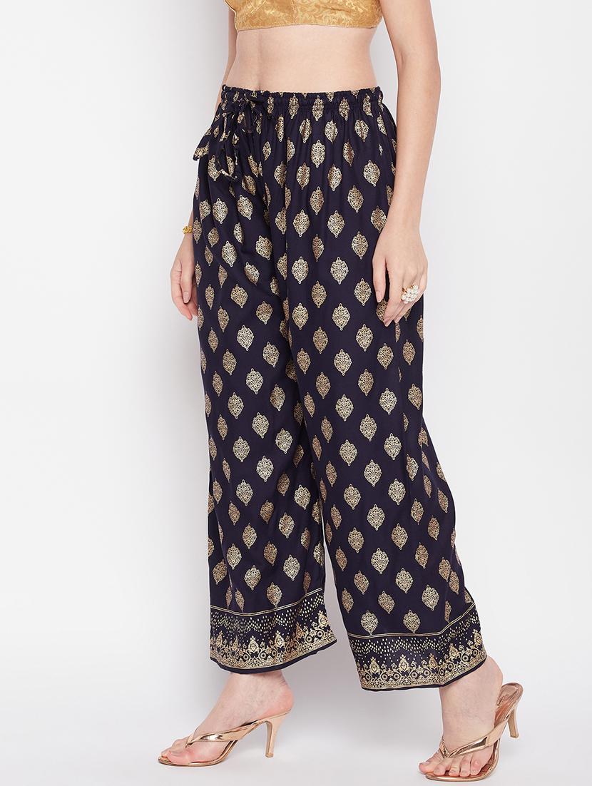 navy blue foil print palazzo - 20412844 - Standard Image - 2