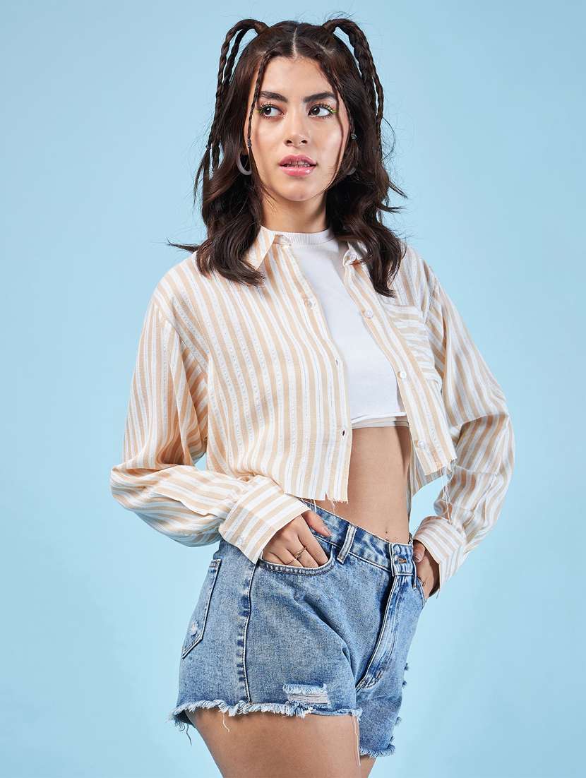 beige striped long sleeves boxy fit shirt