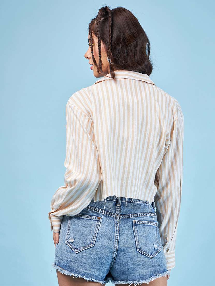 beige striped long sleeves boxy fit shirt - 20412877 -  Standard Image - 2