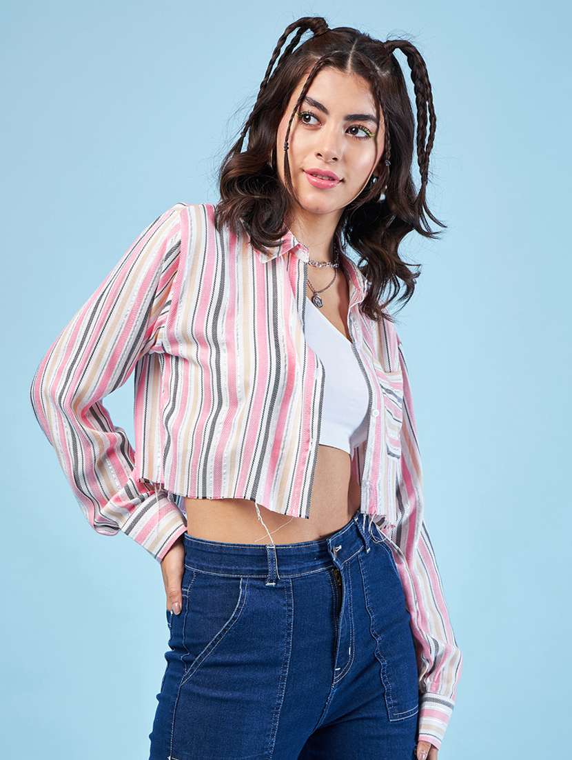 pink striped long sleeves crop shirt