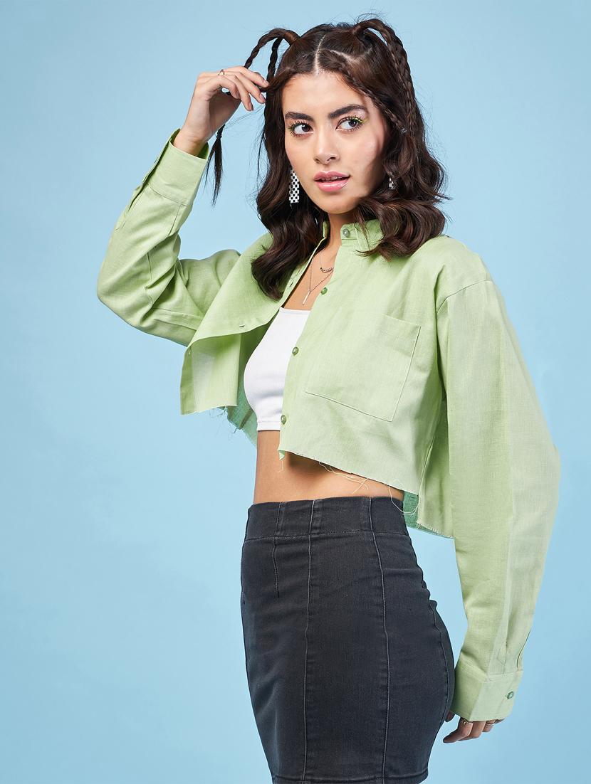 green solid long sleeves crop shirt - 20412882 - Zoom Image - 0
