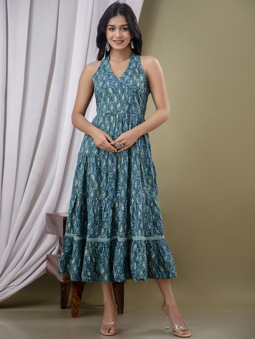 teal printed tiered dress