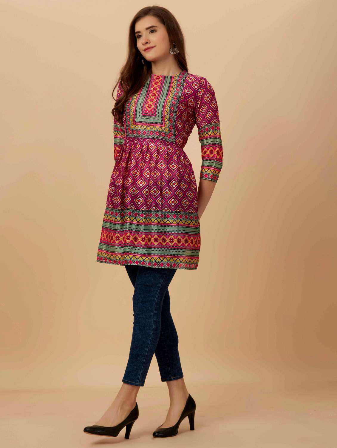 women pink round neck flared kurti - 20413519 - Standard Image - 2