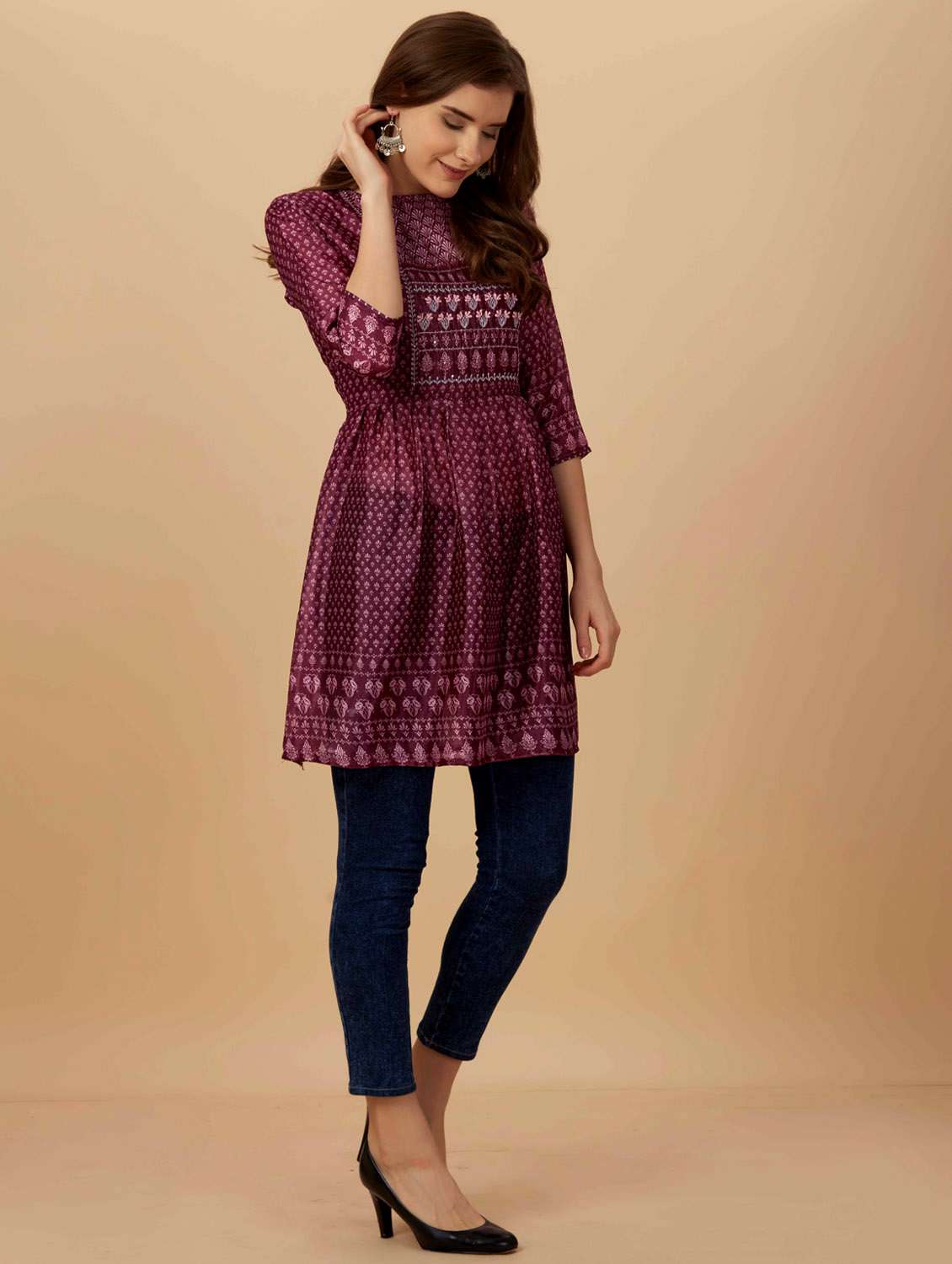women purple round neck flared kurti - 20413520 -  Standard Image - 2