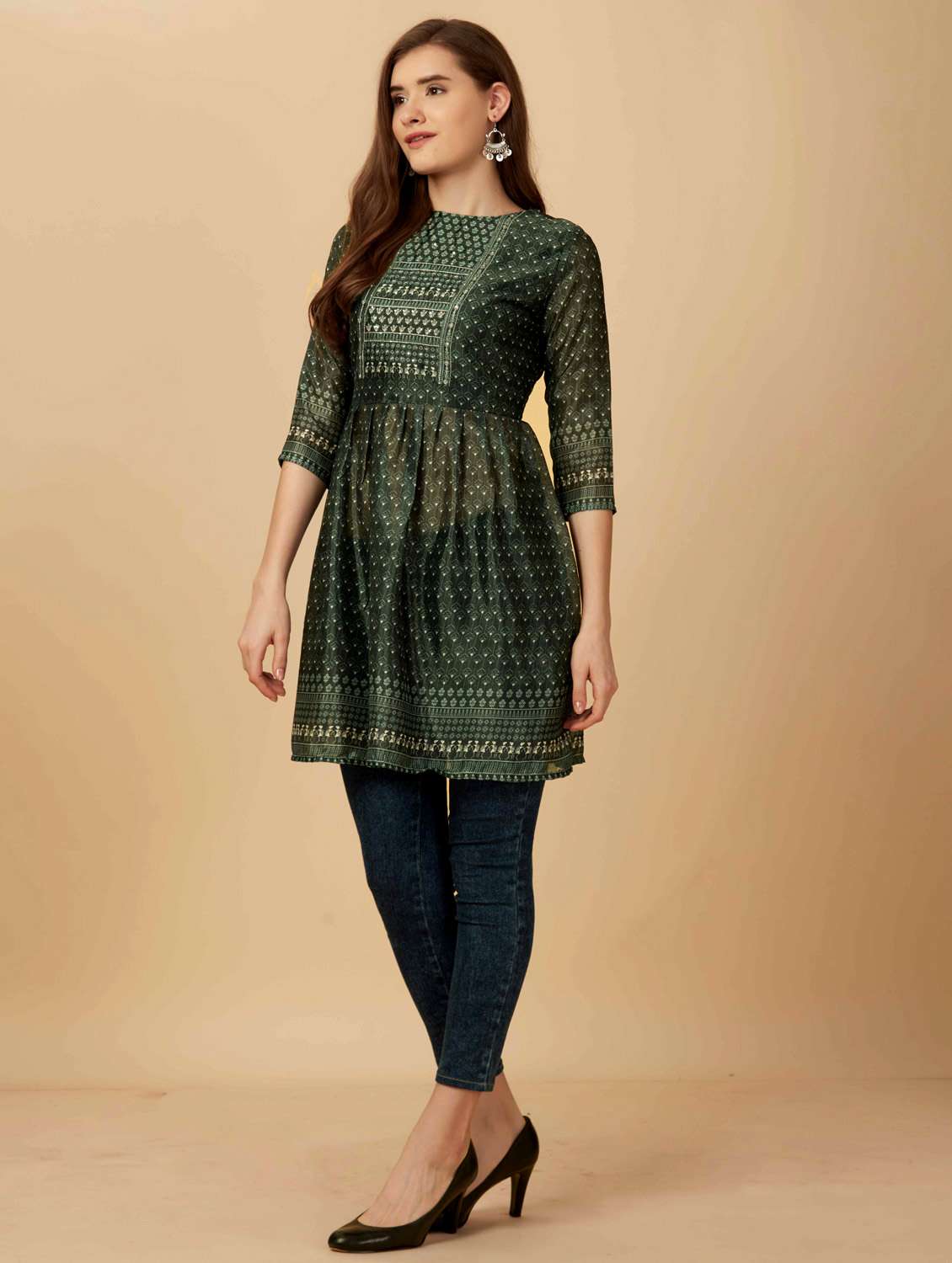 women bottle green round neck flared kurti - 20413522 - Standard Image - 2