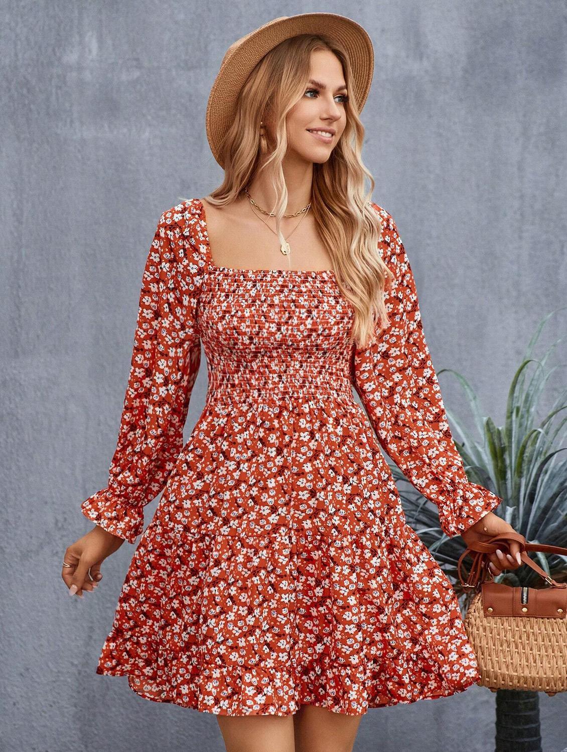 orange floral print square neck fit & flare dress - 20414281 - Standard Image - 2
