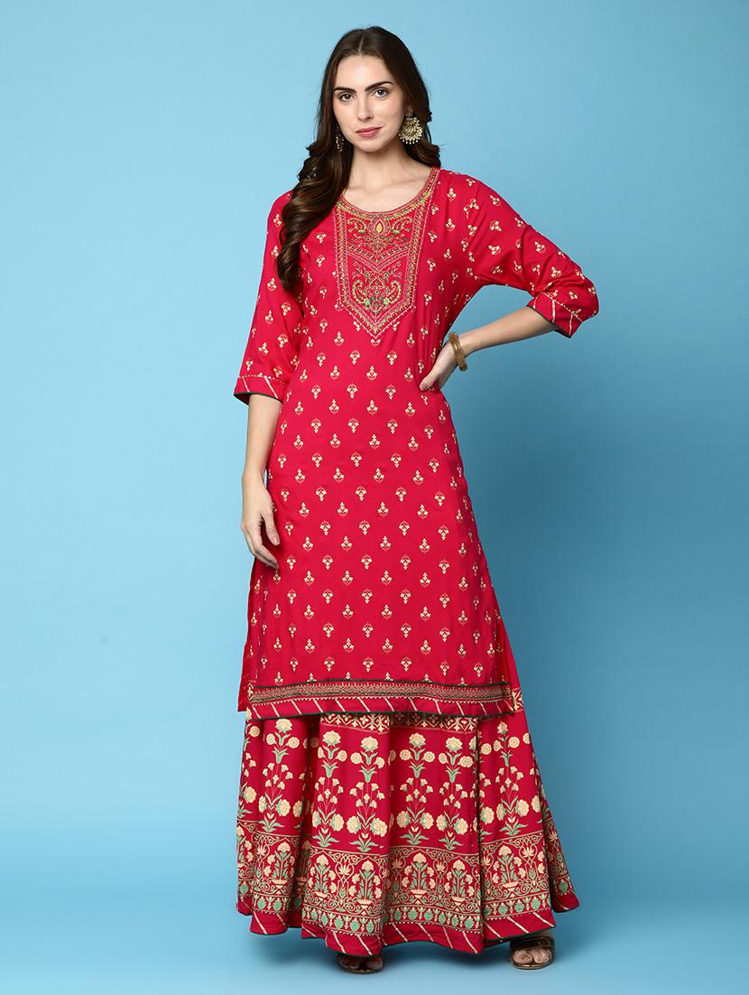 pink rayon kurta skirt  set - 20415117 -  Zoom Image - 0