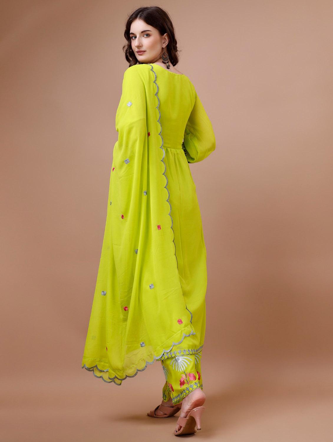 women lime bhishop sleeve kurta palazzo with dupatta set - 20415172 - Standard Image - 2