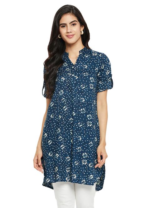 teal printed mandarin neck high low kurti - 20416046 - Standard Image - 0