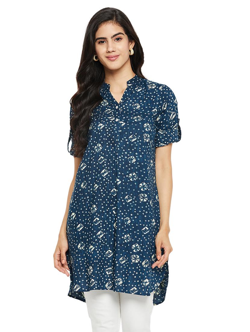 teal printed mandarin neck high low kurti - 20416046 - Zoom Image - 0