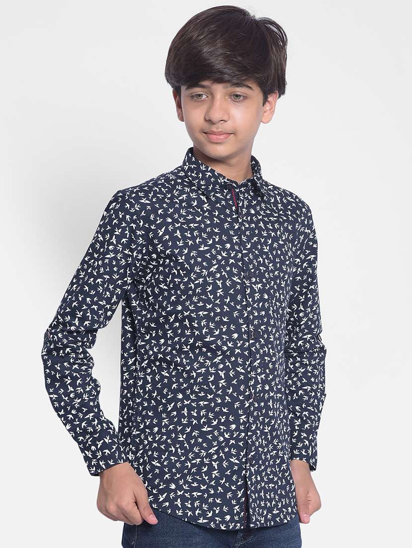 boys printed navy blue 100% cotton shirt