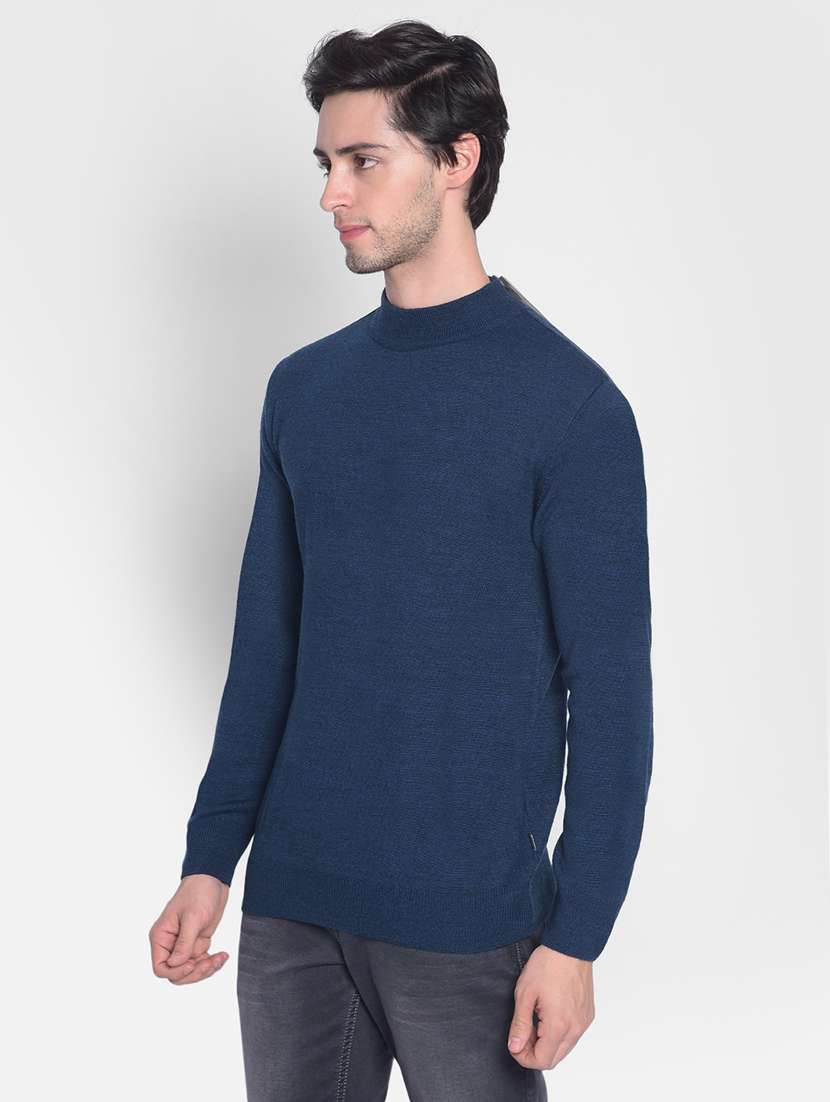 men solid navy blue turtle sleeve acrylic pullover