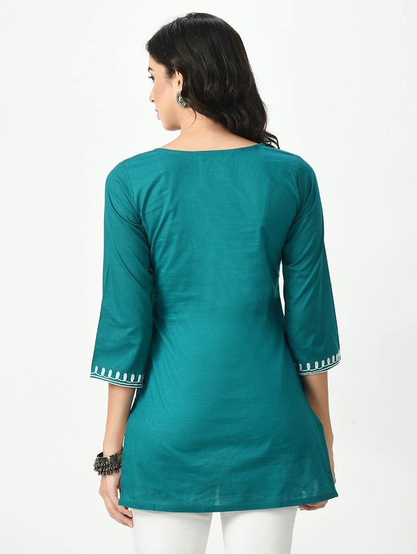 teal three quarter sleeve straight kurti - 20417055 - Standard Image - 2