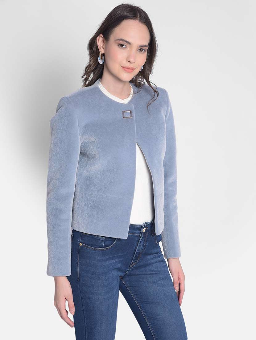 women blue polyester single breasted blazer