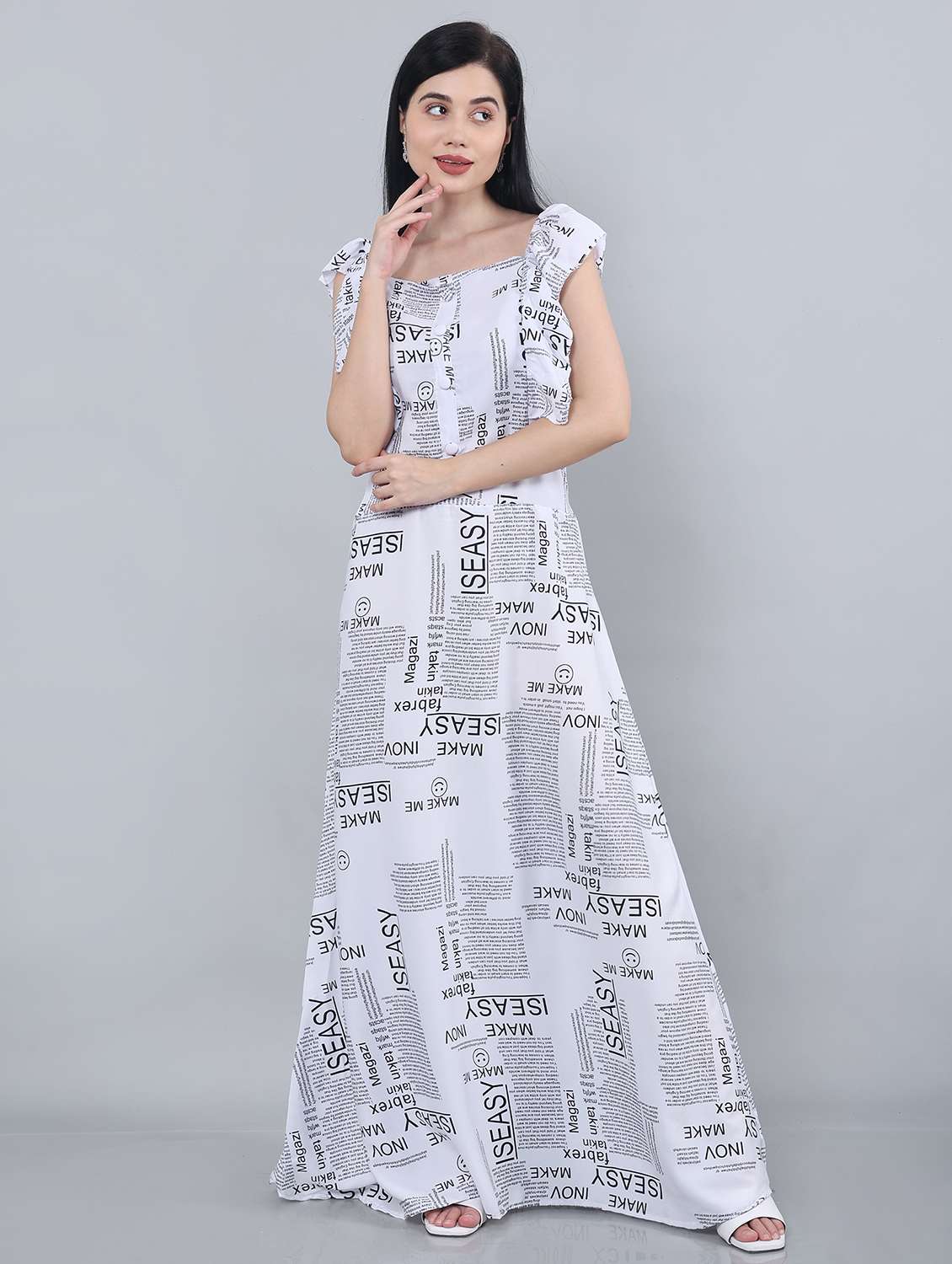 white typographic maxi dress