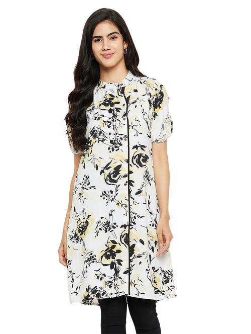 white printed mandarin neck straight kurta - 20417069 -  Standard Image - 0