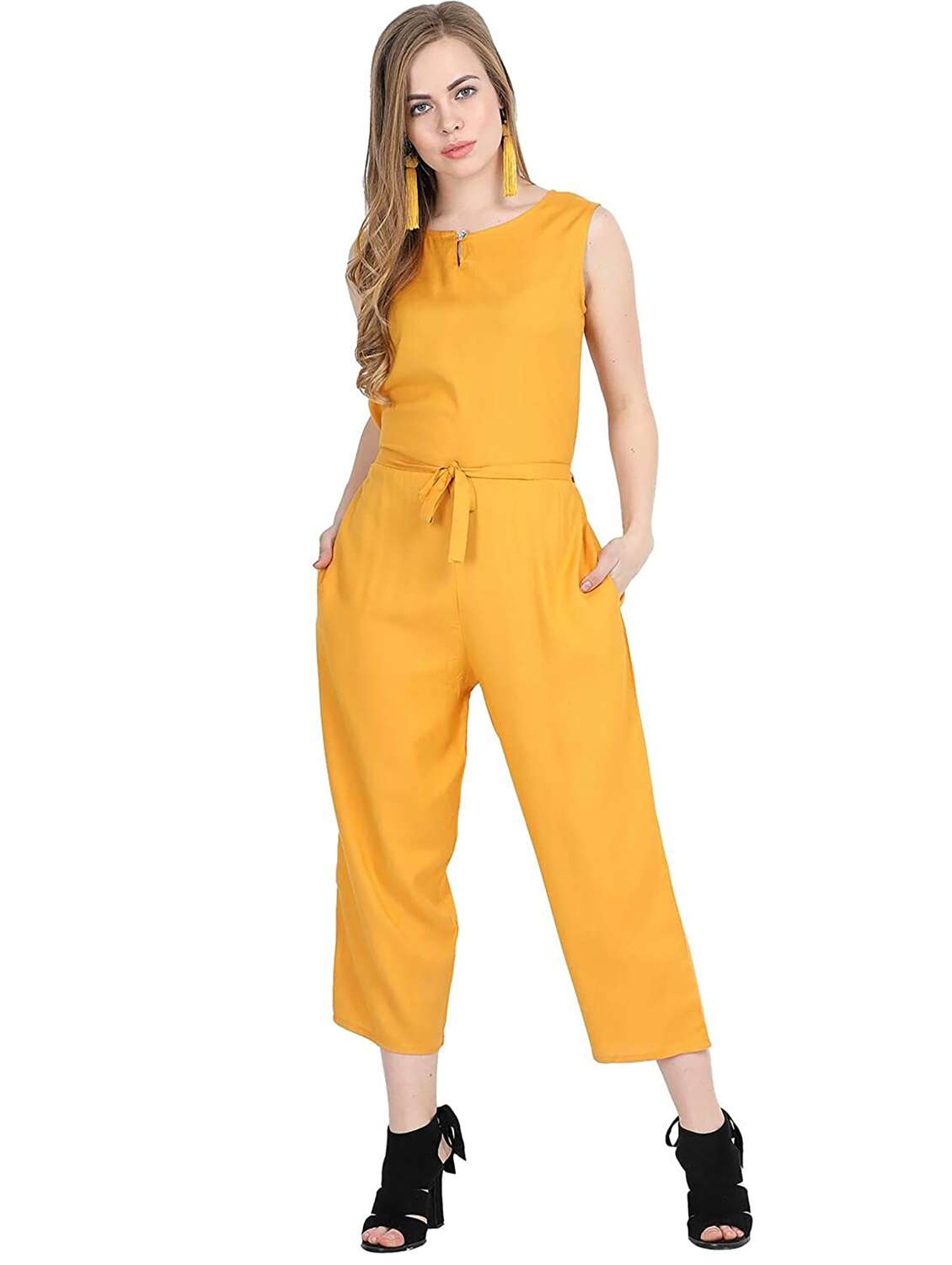 yellow solid sleeveless jumpsuit