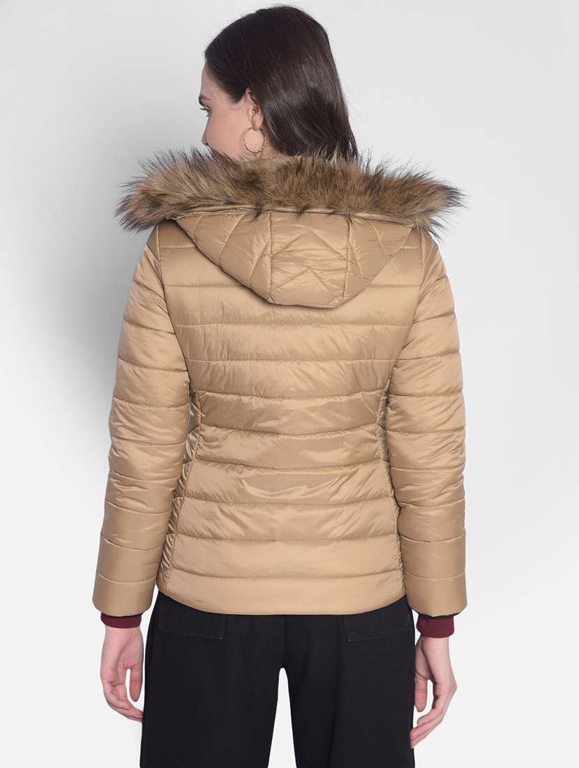beige solid bomber hooded jacket - 20417165 - Standard Image - 2