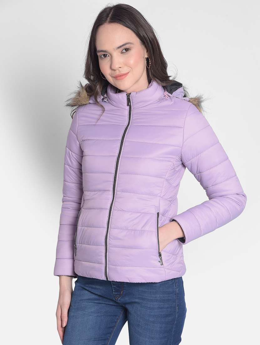 lavender solid bomber hooded jacket - 20417166 - Zoom Image - 0
