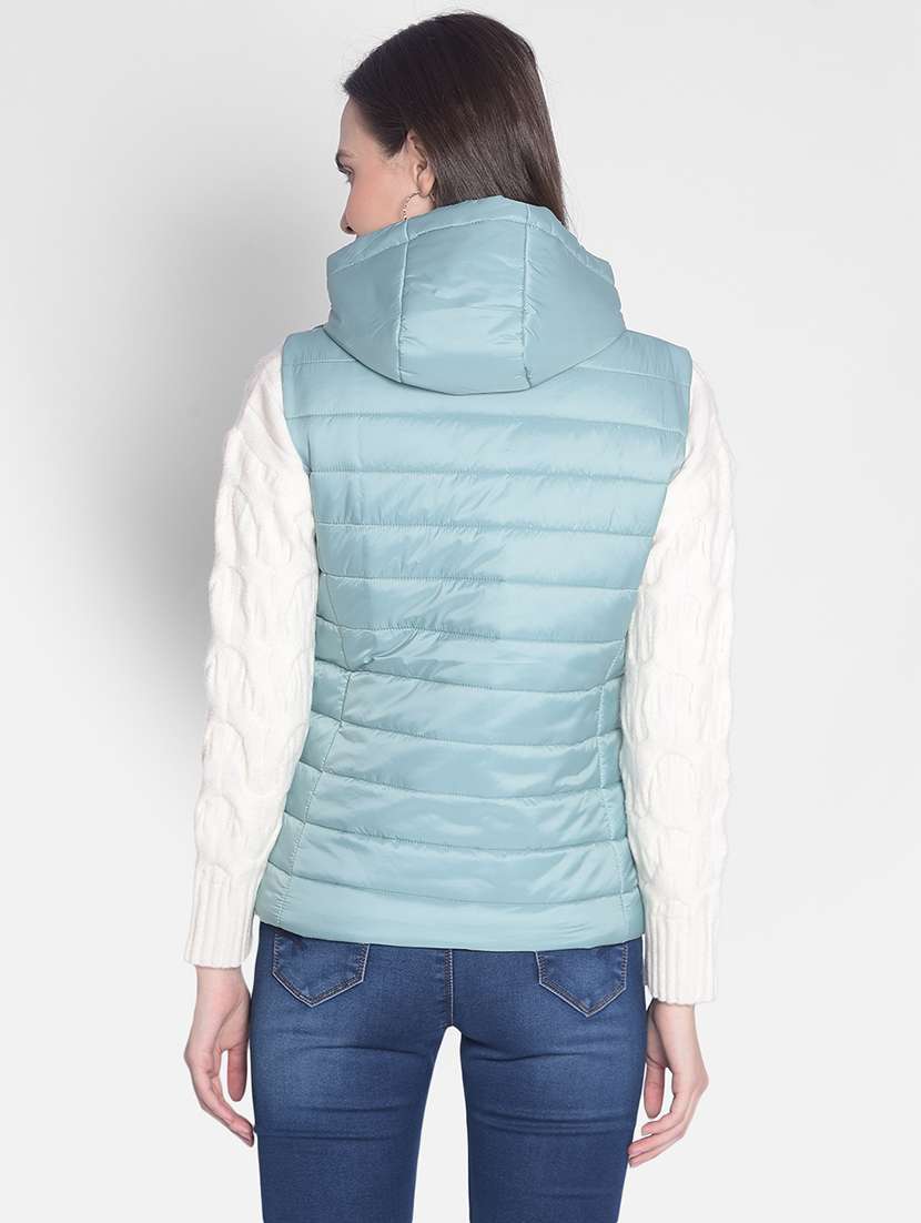 light blue solid bomber sleeveless jacket - 20417167 -  Standard Image - 2