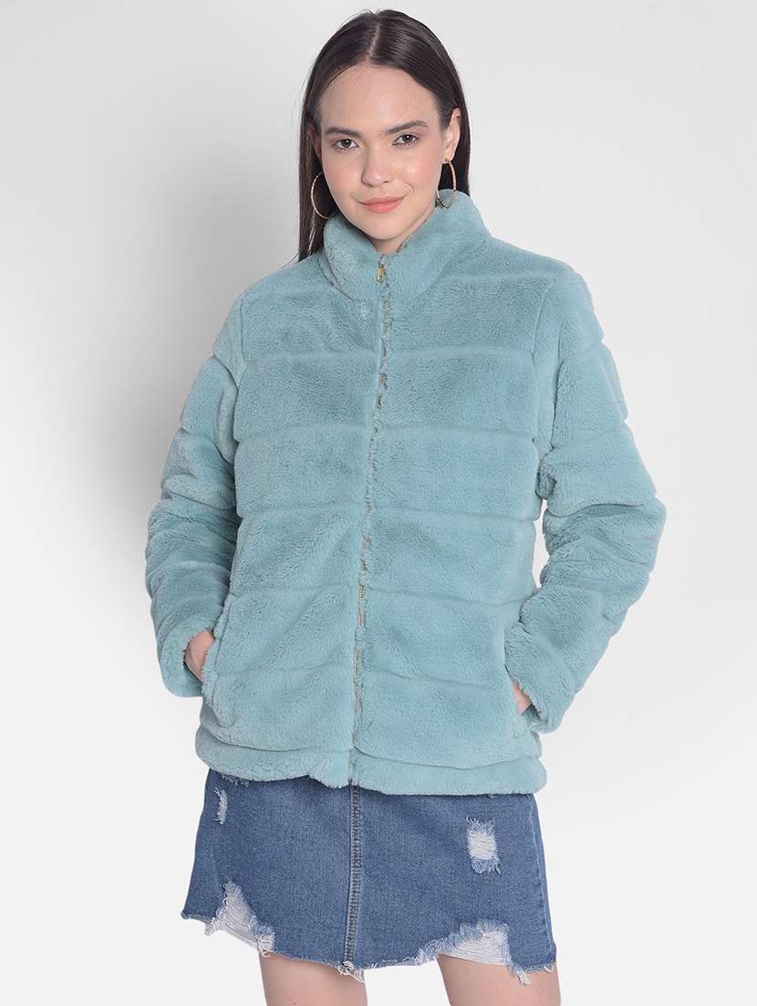 women green polyester fur jacket 