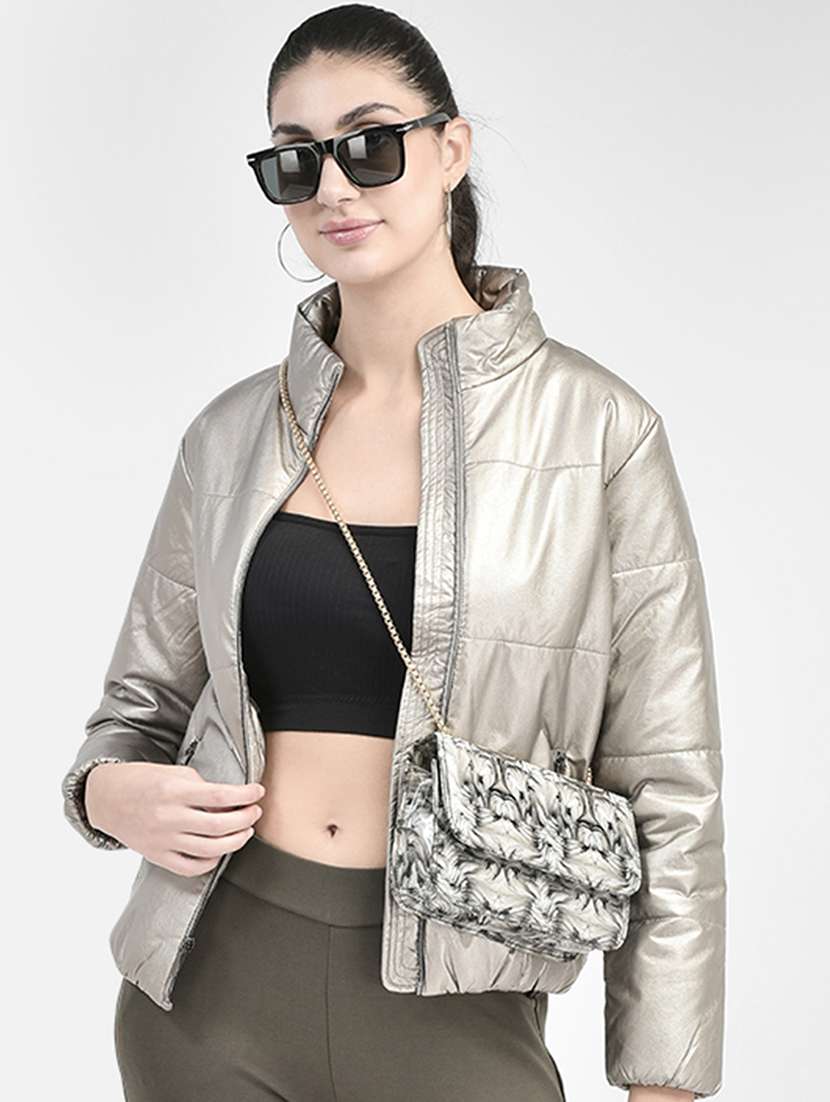 grey solid bomber jacket - 20417179 - Zoom Image - 0