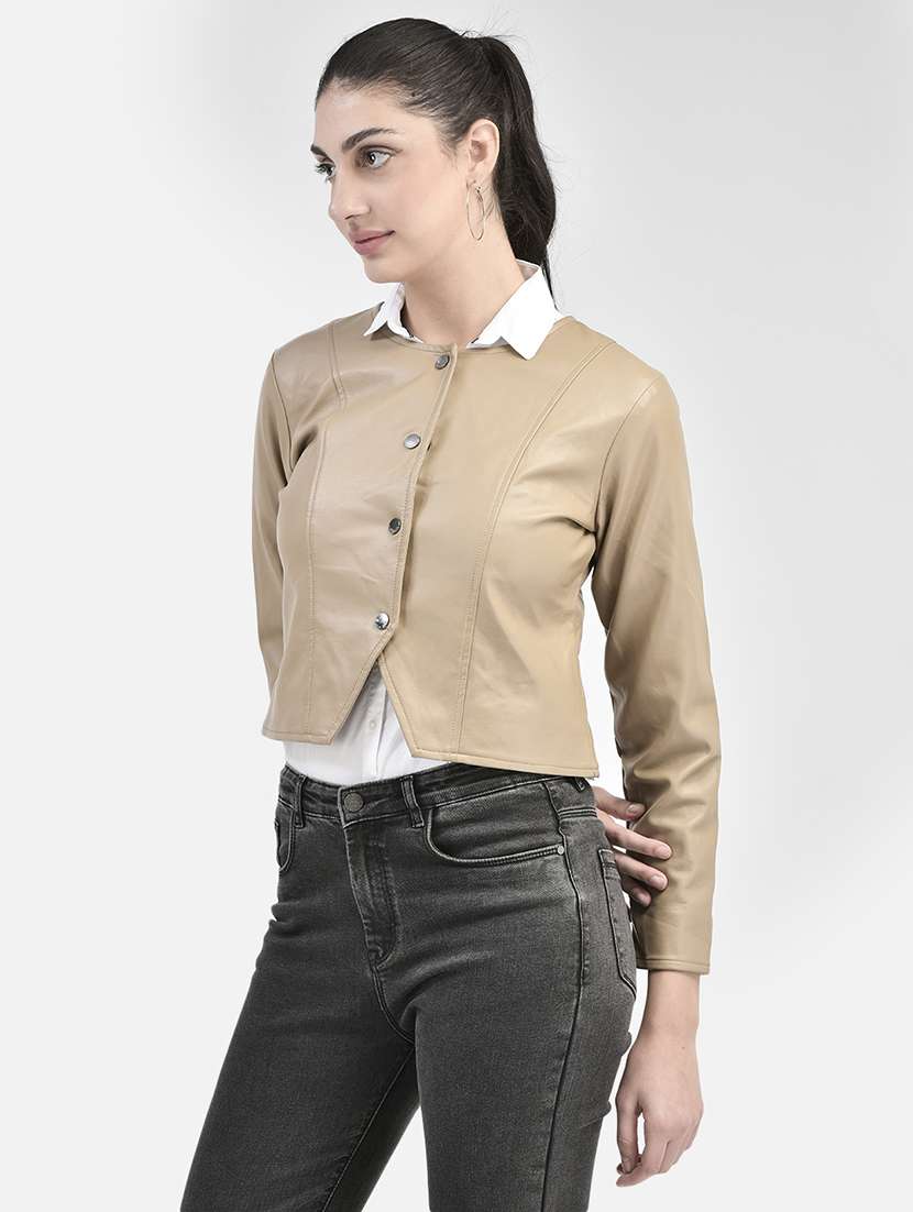 women beige poly blend leather/leatherette jacket