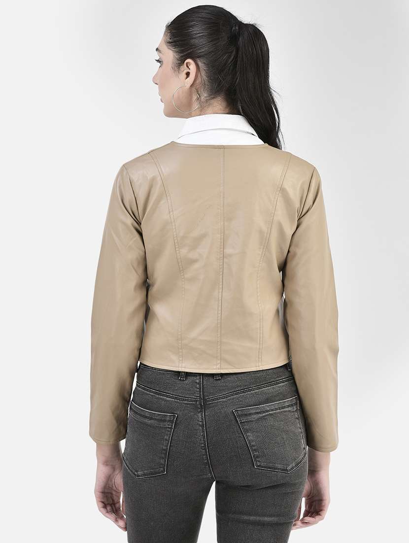 women beige poly blend leather/leatherette jacket - 20417181 - Standard Image - 2