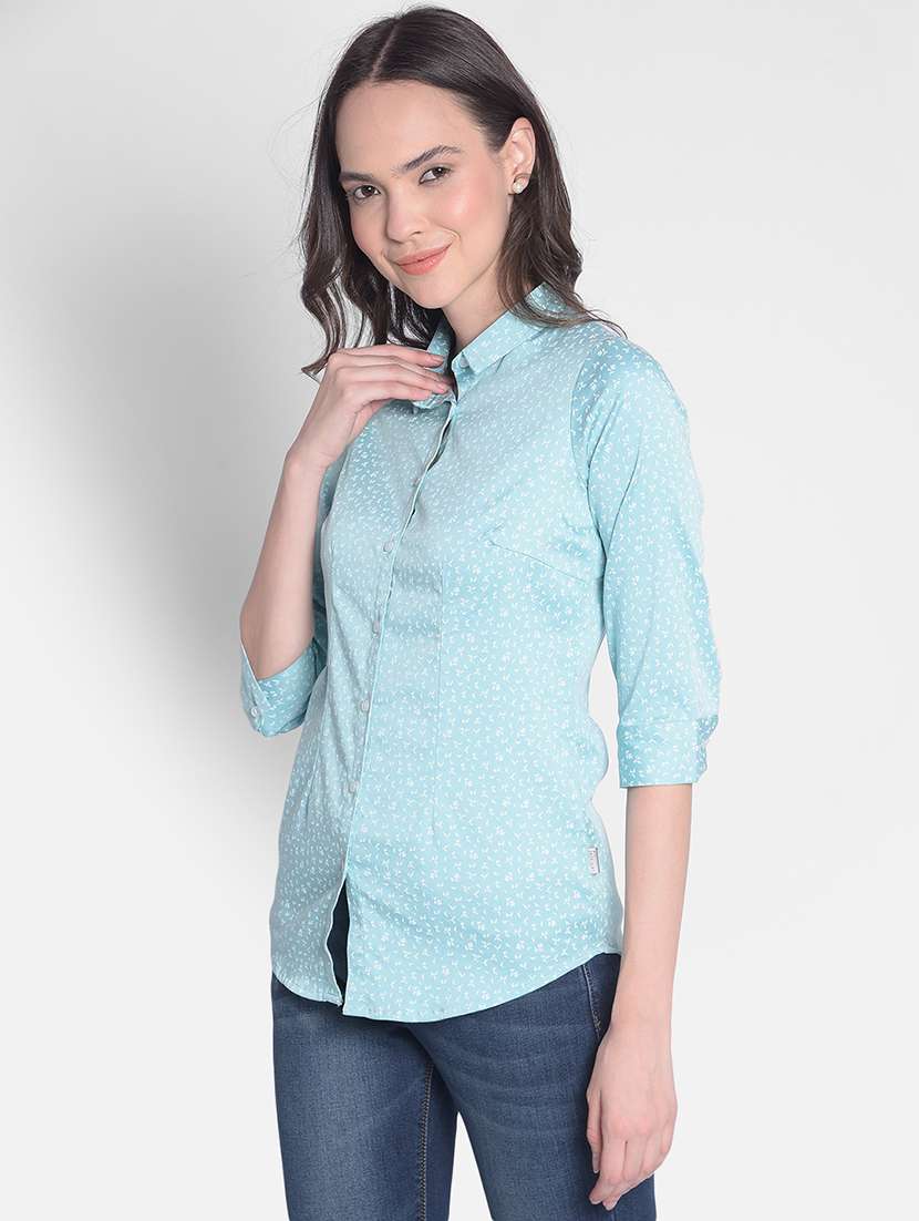 light blue printed three quater sleeves regular shirt