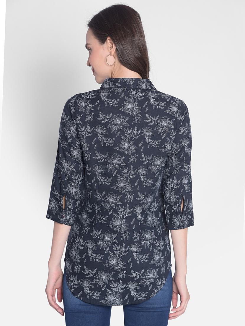 navy blue floral print three quater sleeves shirt - 20417202 - Standard Image - 2