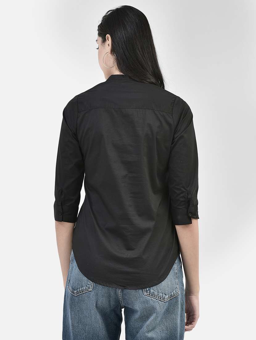 black solid three quater sleeves shirt - 20417206 -  Standard Image - 2