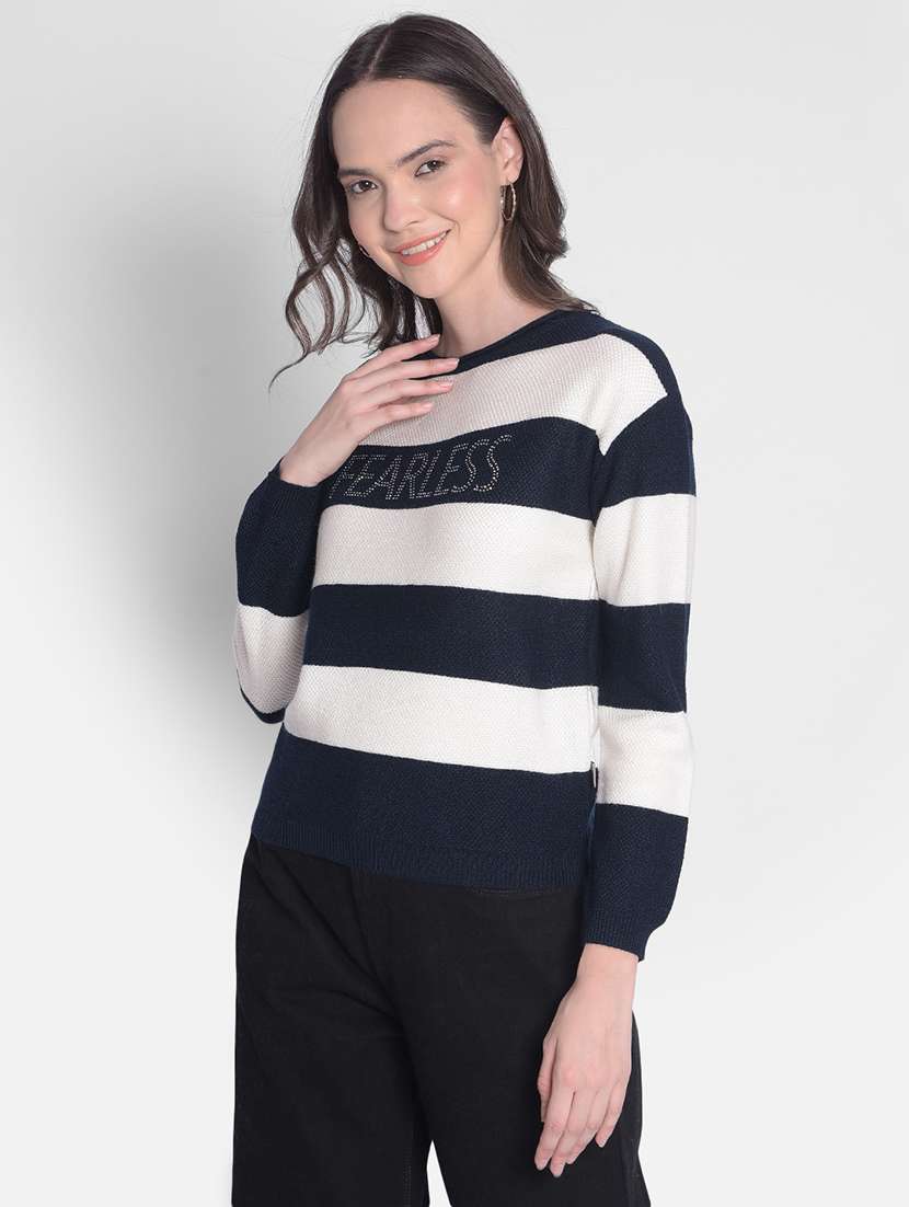 navy blue self designed crew neck pullover