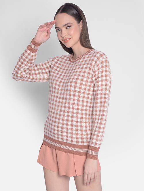 brown checks long sleeves pullover - 20417261 - Standard Image - 0