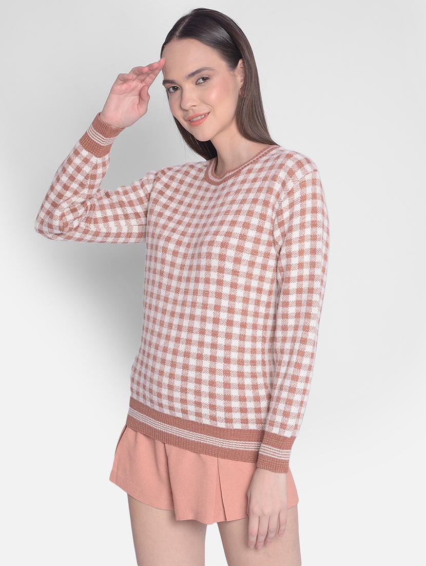 brown checks long sleeves pullover - 20417261 - Zoom Image - 0