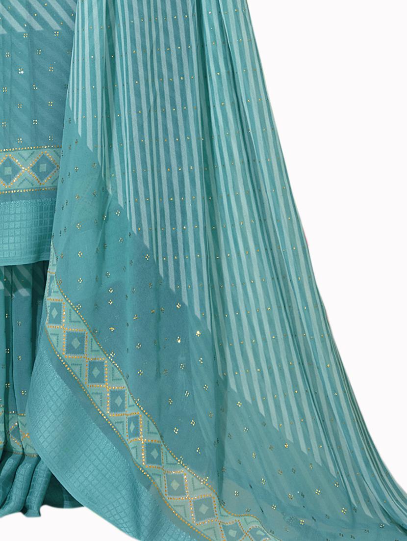 striped turquoise embellished saree with blouse - 20417310 - Standard Image - 2