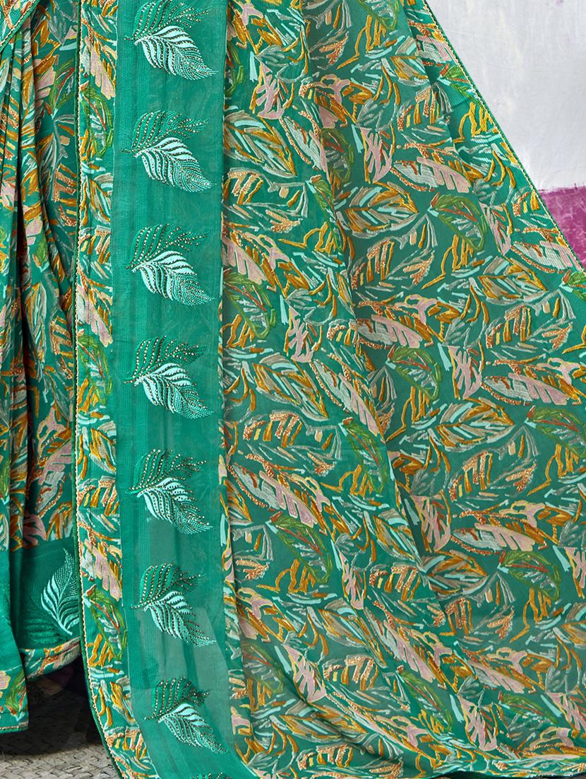 turquoise georgette printed saree with blouse - 20417315 - Standard Image - 2
