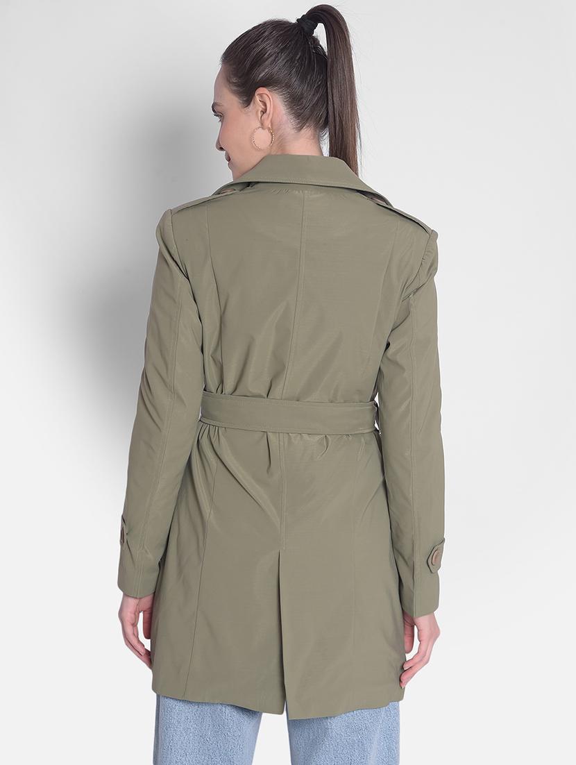 olive solids full sleeves trench coat - 20417327 - Standard Image - 2