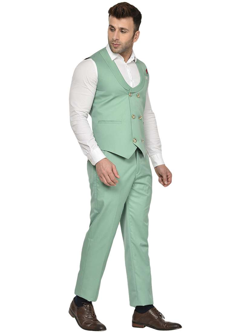 men solid sea green cotton blend 2-piece suit - 20417351 - Standard Image - 2