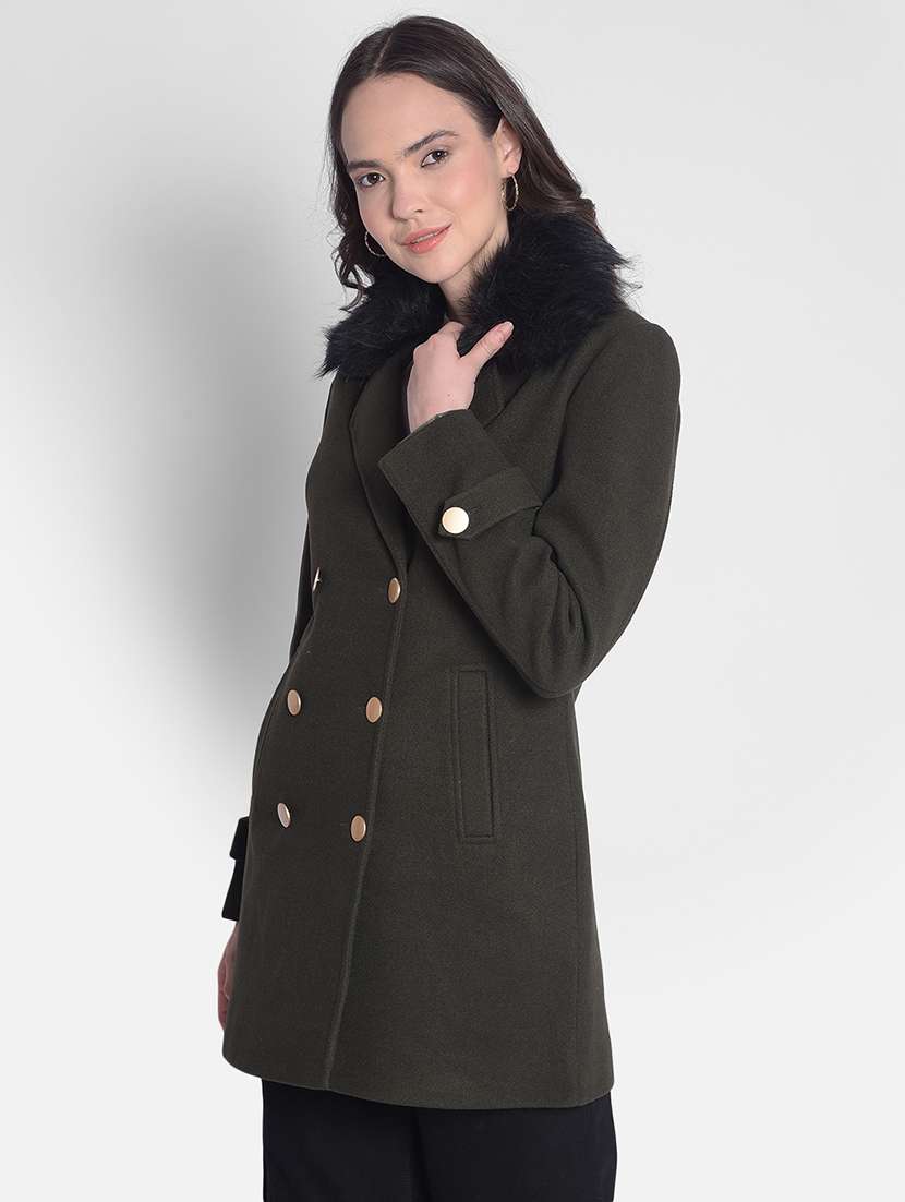 green solids full sleeves trench coat - 20417444 -  Standard Image - 2