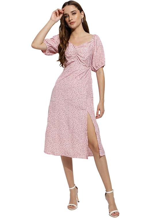 pink floral print high slit dress